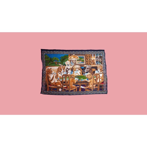 1970s DOGS Playing POKER TAPESTRY Wall Hanging